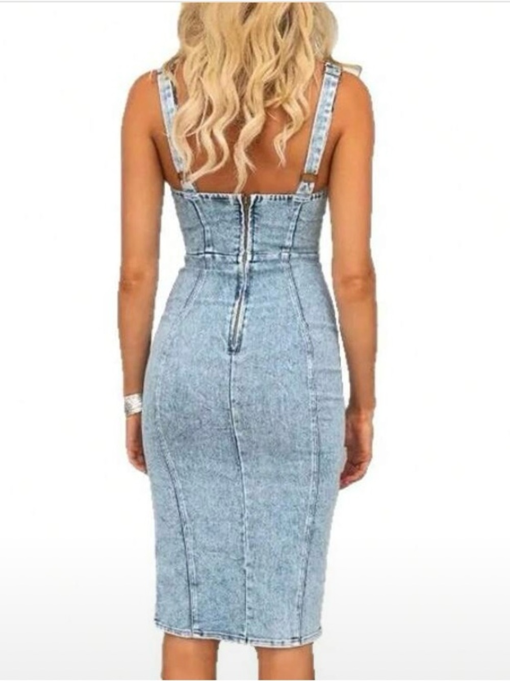 Zipper Ftont Scoop Neck Denim Midi Dress in Light Blue - Picture 4 of 4